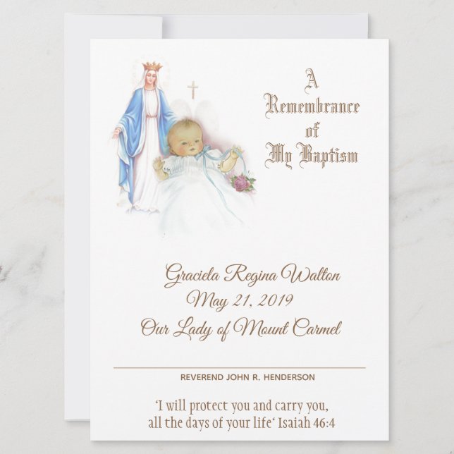 Tarjeta Festiva Bebé Baptismo Christening Mary Certificate (Anverso)