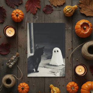 Tarjeta Festiva Bebé Fantasma Adorable y Gatito de Halloween