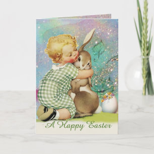 TARJETA FESTIVA BEBÉ HUGGGGING EASTER BUNNY IN BLUE SPARKLES
