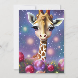 Tarjeta Festiva Bebé Jirafa Adorable con Acebo y Brillo