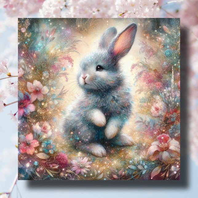 Tarjeta Festiva Bebé lindo conejo pastel flores Pascua cristiana (Subido por el creador)