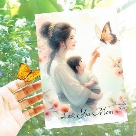Tarjeta Festiva Bebé lindo viendo mariposa con el día de la madre