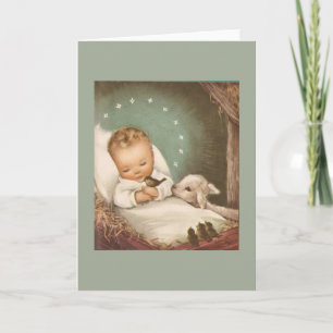 Tarjeta Festiva Bebé navideño vintage con cordero