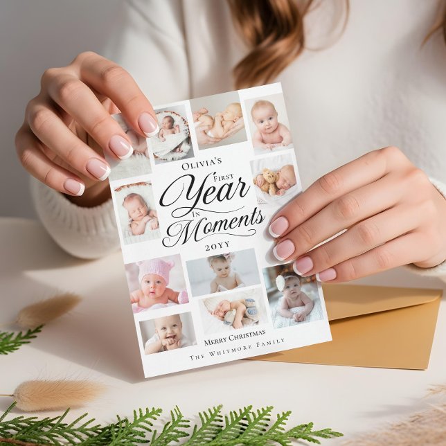 Tarjeta Festiva Bebé primer año en momentos Collage de fotos mínim (Baby First Year in Moments Minimal Photo Collage Holiday Card)