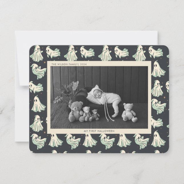 Tarjeta Festiva Bebé primero Halloween Spooky foto de bebé (Anverso)