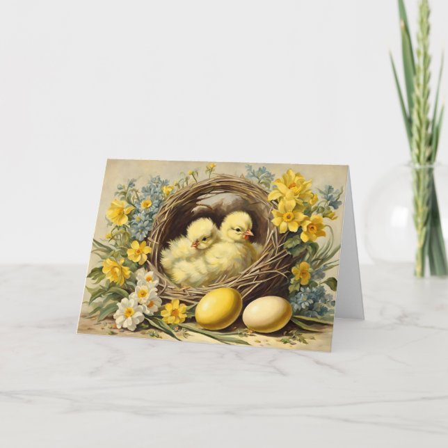 Tarjeta Festiva Bebés amarillo de Pascua en una cesta y flores (Anverso)