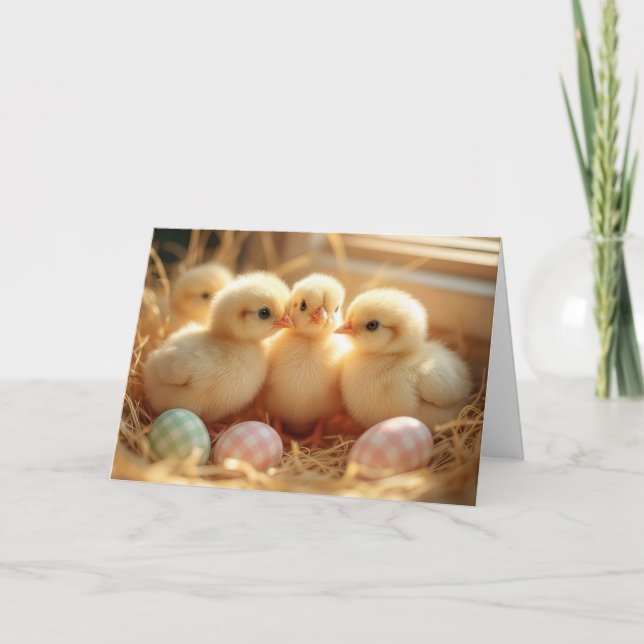 Tarjeta Festiva Bebés De Pascua Con Huevos De Gingham (Anverso)