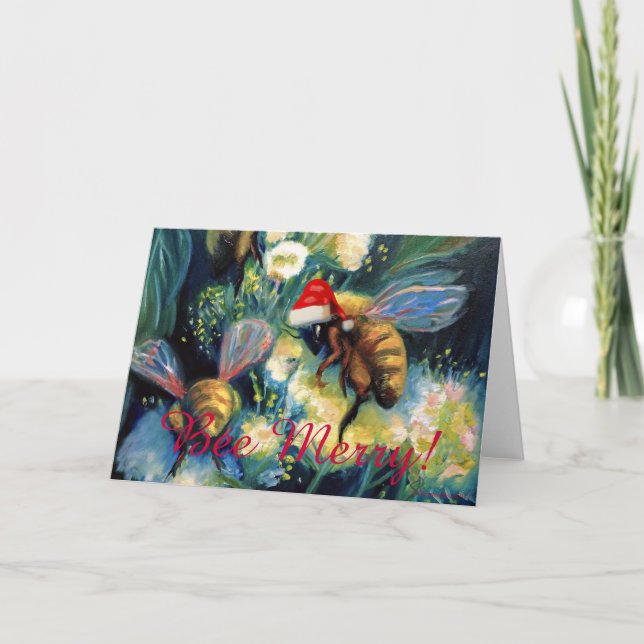 Tarjeta Festiva ¡Bee Merry! (¡Abejas de miel con alegría navideña! (Anverso)