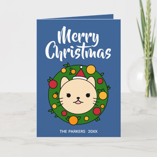 Tarjeta Festiva Beige Cat Wreath | Blue Merry Christmas Photo (Anverso)