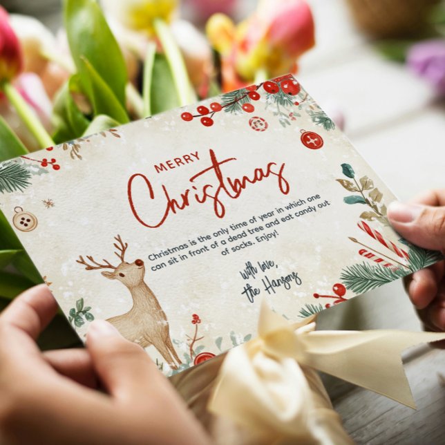 Tarjeta Festiva Beige, floral y reno, Personalizado navideño del f (Subido por el creador)