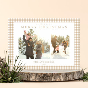 Tarjeta Festiva Beige Gingham Plaid Two Photo