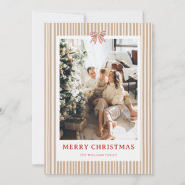 Tarjeta Festiva Beige Stripe Red Bow Christmas Photo Holiday Card