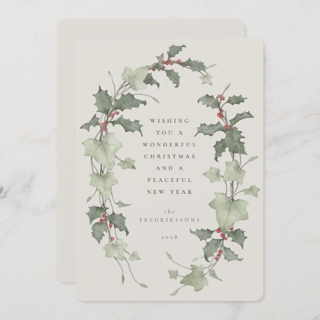 Tarjeta Festiva Beige Watercolor Holly & Ivy (Anverso / Reverso)