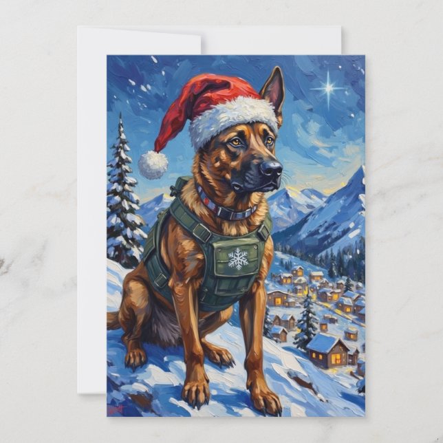 Tarjeta Festiva Belgian Malinois Mountain Patrol Christmas (Anverso)