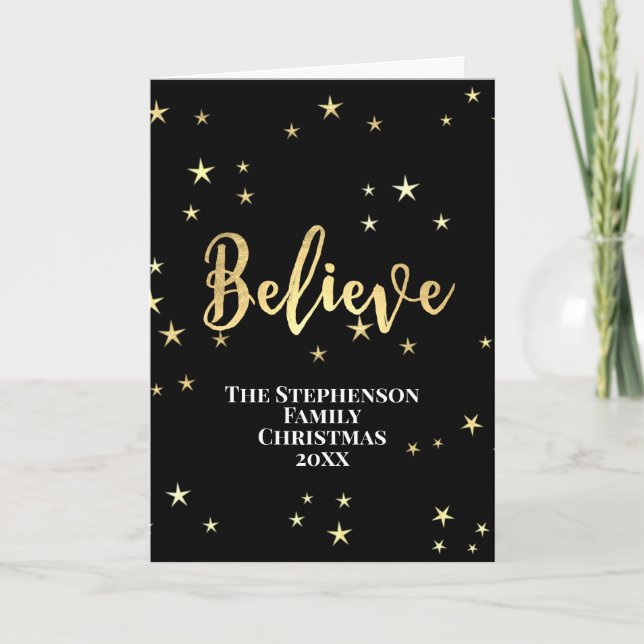 Tarjeta Festiva Believe Gold Stars Navidades (Anverso)