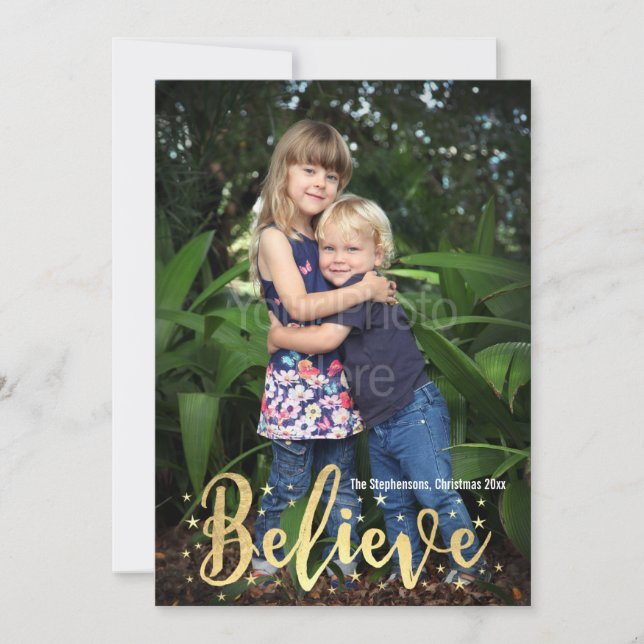 Tarjeta Festiva Believe Gold Writing Navidades Photo Greeting Card (Anverso)