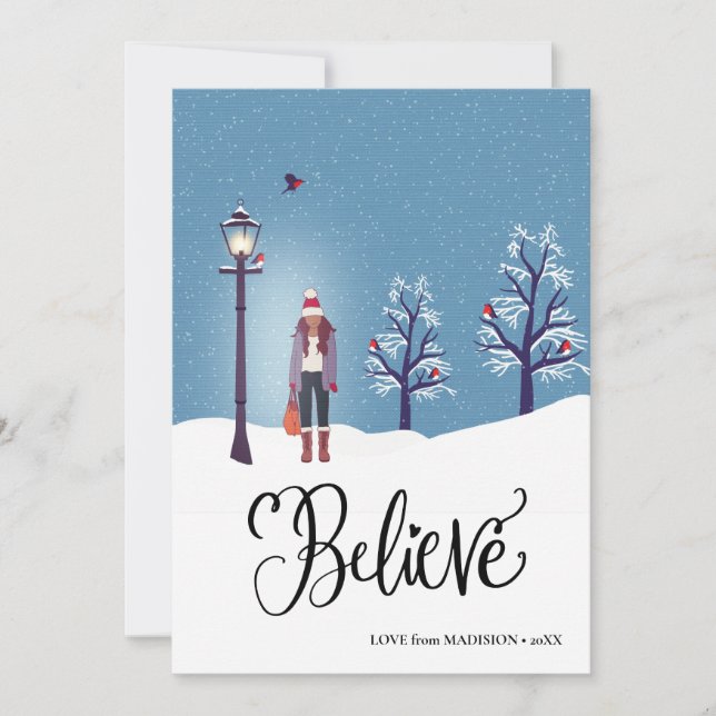 Tarjeta Festiva BELIEVE | Paisaje nevado con pájaro cardenal inver (Anverso)
