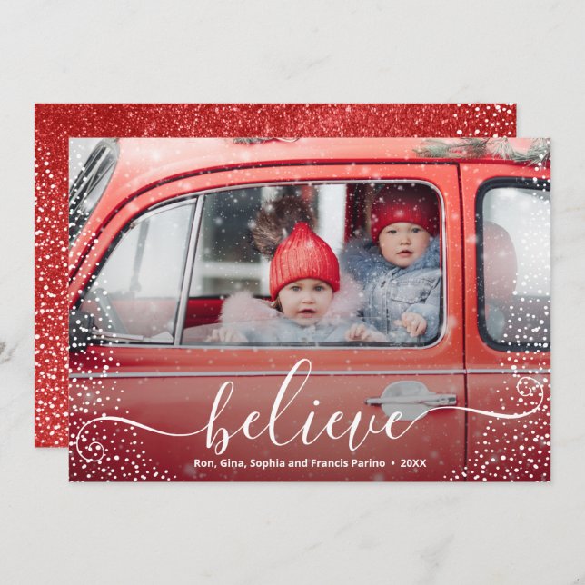 Tarjeta Festiva BELIEVE Script Snowflake Photo (Anverso / Reverso)