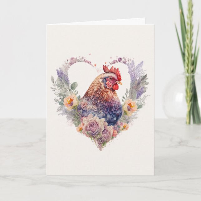 Tarjeta Festiva Bella gallina con flores para El día de San Valent (Anverso)