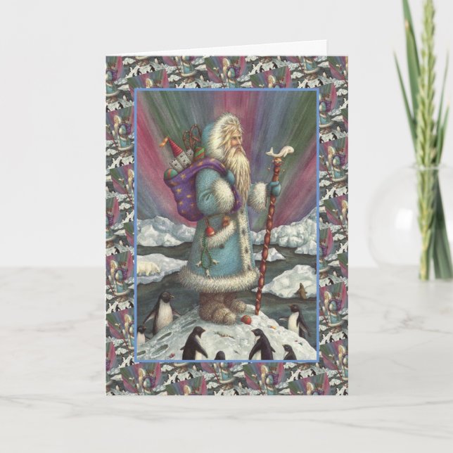 Tarjeta Festiva BELSNICKLE AZUL, LUCES DEL NORTE Y PENGUINS Verse (Anverso)