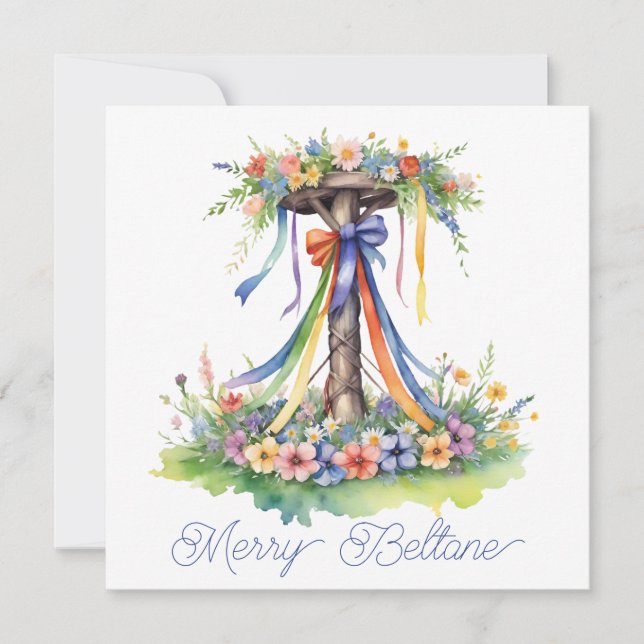 Tarjeta Festiva Beltane Maypole Floral Summer Begins Sabbat (Anverso)