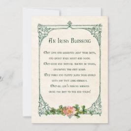 Tarjeta Festiva Bendición irlandesa vintage con Shamrock y marco r