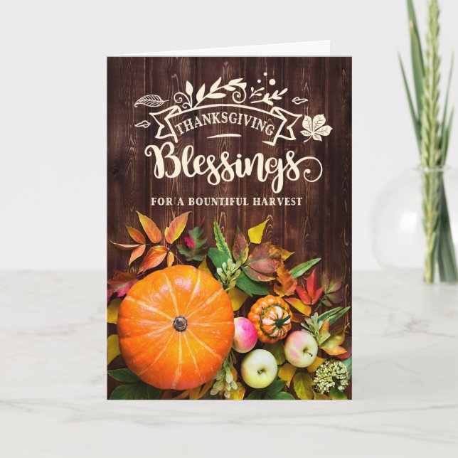 Tarjeta Festiva Bendiciones de Acción de Gracias Cosechan calabaza (Anverso)