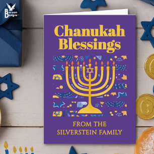 Tarjeta Festiva BENDICIONES DE CHANUKÁ Menorá judía Rayas Hanukkah