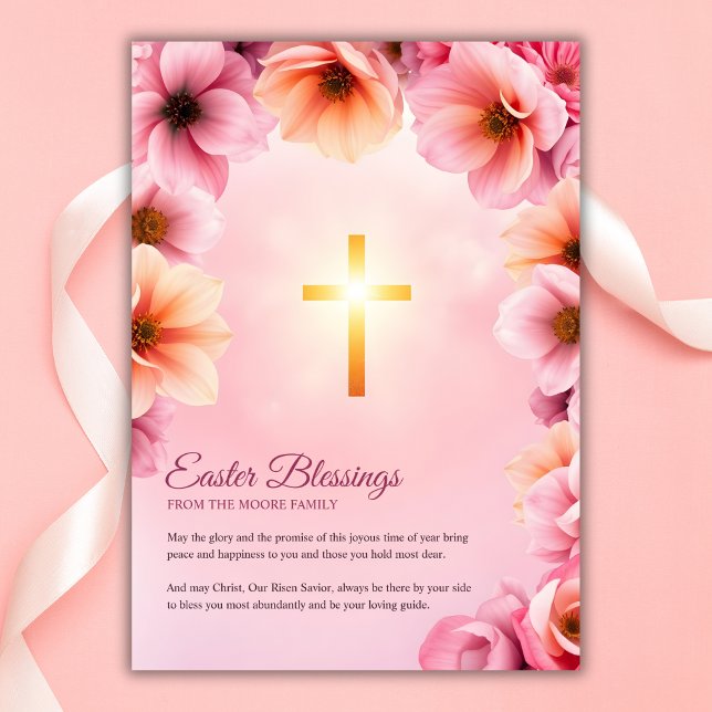 Tarjeta Festiva Bendiciones de Pascua de la Cruz Católica Rosa Flo (Pink Floral Catholic Cross Easter Blessings Holiday Card)