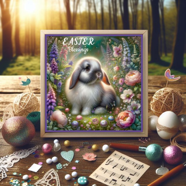 Tarjeta Festiva Bendiciones de Pascua Flores Púrpuras de conejito  (Subido por el creador)