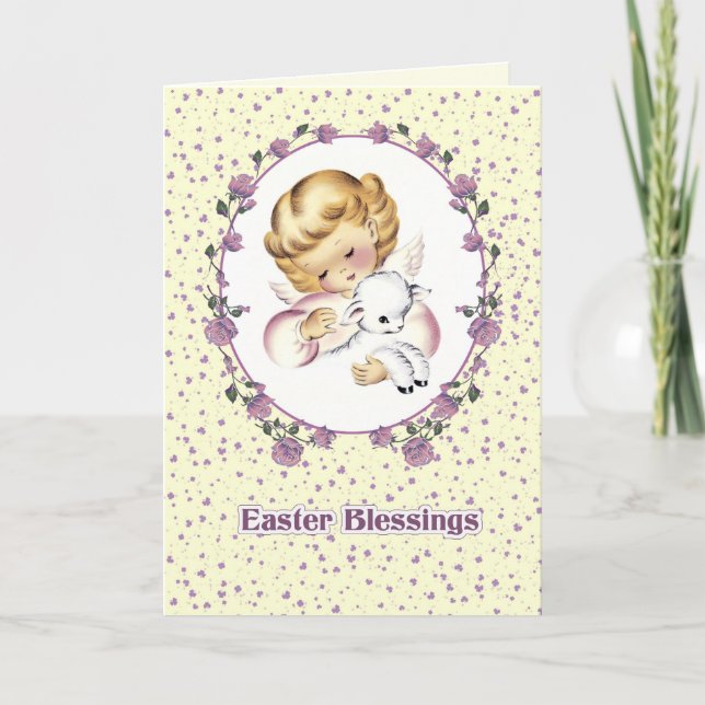 Tarjeta Festiva Bendiciones de Pascua. Pequeño ángel con pascua de (Anverso)