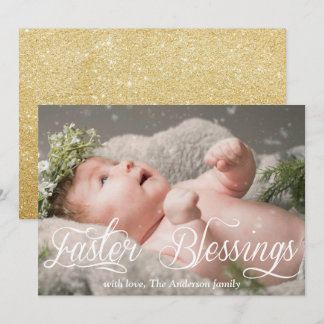 Tarjeta Festiva Bendiciones de Pascua Purpurina de Oro de la Famil