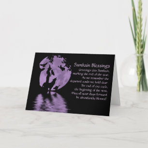 Tarjeta Festiva Bendiciones de Samhain Bruja Lobo Cuervo Búho
