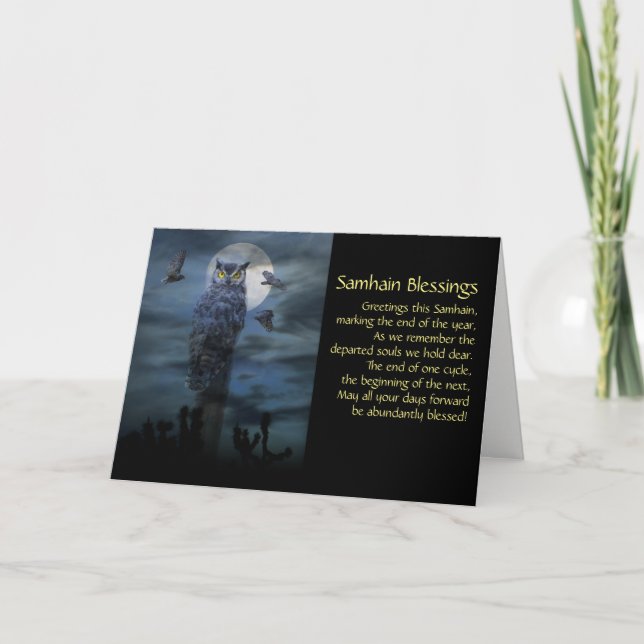 Tarjeta Festiva Bendiciones de Samhain de búhos  (Anverso)