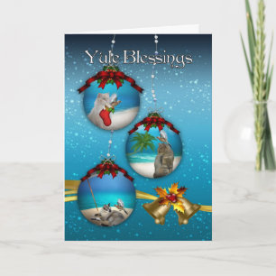 Tarjeta Festiva bendiciones de yule con gatos y pájaros de paisaje