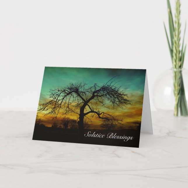 Tarjeta Festiva Bendiciones del solsticio de invierno con árbol si (Anverso)