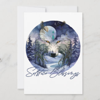 Tarjeta Festiva Bendiciones del Solsticio Lobo de la Luna Bosque a