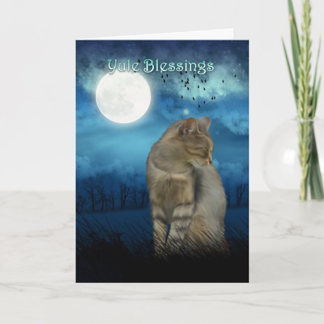 Tarjeta Festiva bendiciones del yule con el gato en el claro de (Anverso)