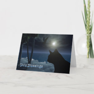 Tarjeta Festiva bendiciones del yule con el gato y los pájaros del