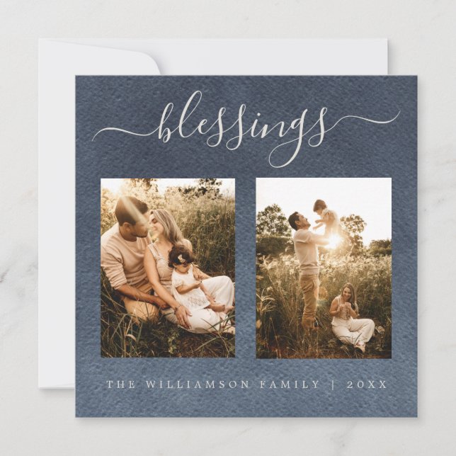 Tarjeta Festiva Bendiciones modernas Navidades azules oscuros foto (Anverso)