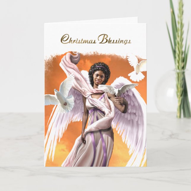 Tarjeta Festiva Bendiciones navidades. Ángel afroamericano (Anverso)