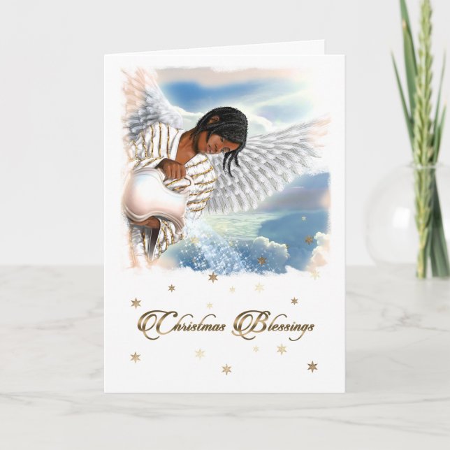 Tarjeta Festiva Bendiciones navidades. Ángel afroamericano (Anverso)