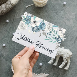 Tarjeta Festiva Bendiciones Navideñas de Floral Invernal Azul Mari
