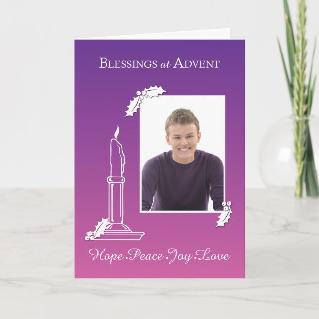 Tarjeta Festiva Bendiciones por foto anticipada Wreath Candle Purp (Anverso)