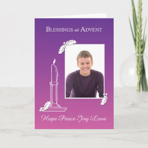 Tarjeta Festiva Bendiciones por foto anticipada Wreath Candle Purp
