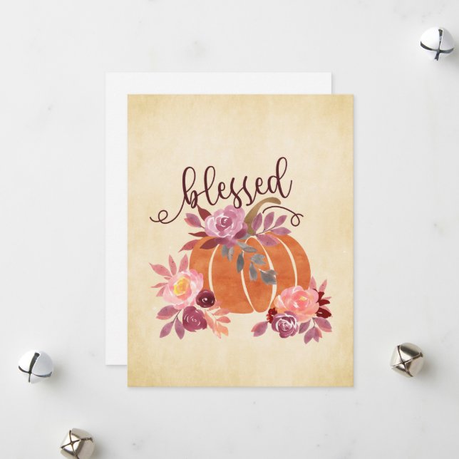 Tarjeta Festiva Bendita - Calabaza de otoño con flores rosas (Anverso/Reverso In Situ)