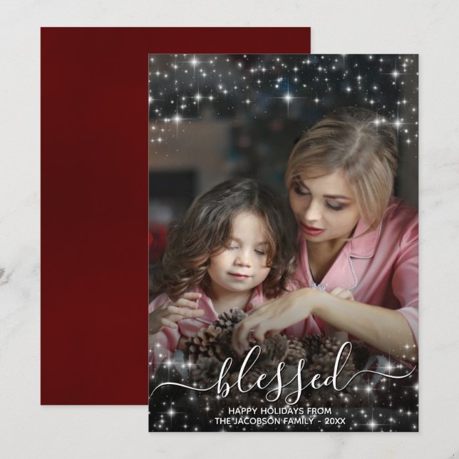 Tarjeta Festiva Bendita foto completa con Navidades rojos esparkle (Anverso / Reverso)
