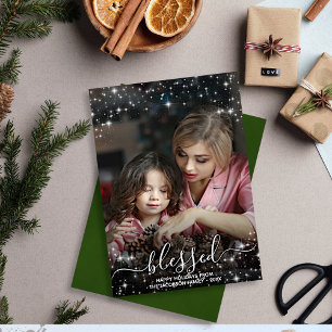 Tarjeta Festiva Bendita foto completa con Navidades verdes esparkl