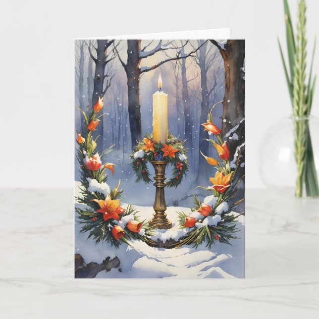 Tarjeta Festiva Bendita Wreath Wiccan De Velas Florales De Inviern (Anverso)