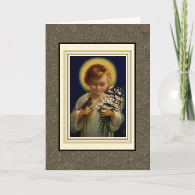 Tarjeta Festiva Bendito Niño Jesús con aves y flores (Anverso)